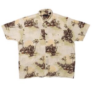 Natural Issue Hawaiian Shirt Mens Sz XL Yellow Brown Beach Palm‎ Trees Cruise
